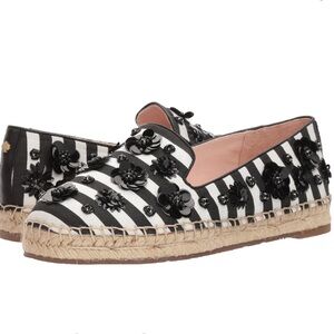 KATE SPADE Leigh 7.5M Black/White Striped Sheep Nappa Espadrille Flat Sequin